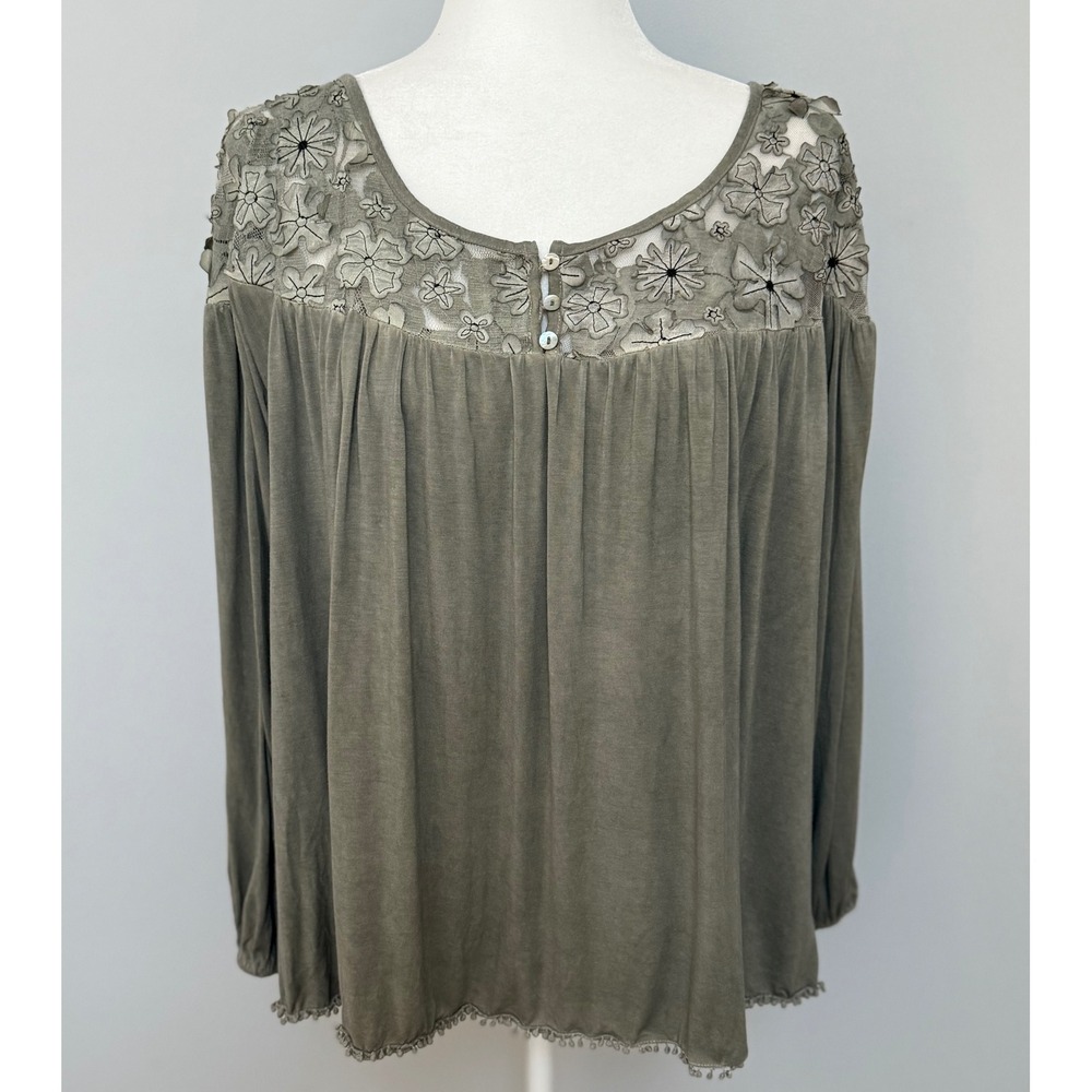 POL Women's Small Olive Green Boho Floral Lace Long Sleeve Blouse Top Oversized